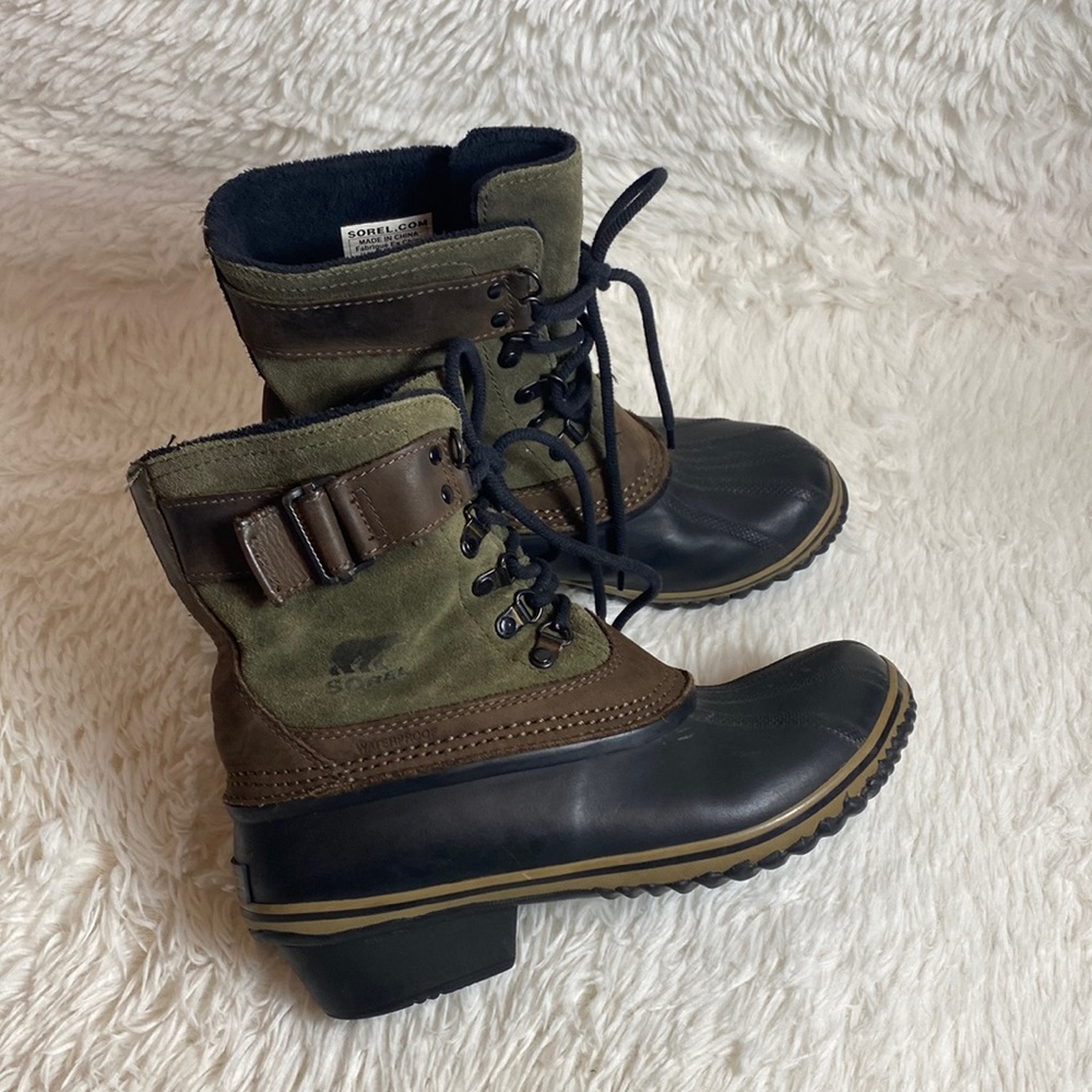 Sorel Fancy Lace II Suede Leather Winter Snow Duck Boots Green Brown Woman's 8.5